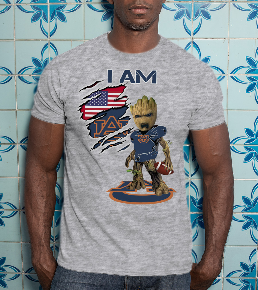 I Am Auburn Baby Groot Football Usa Flag T-Shirt