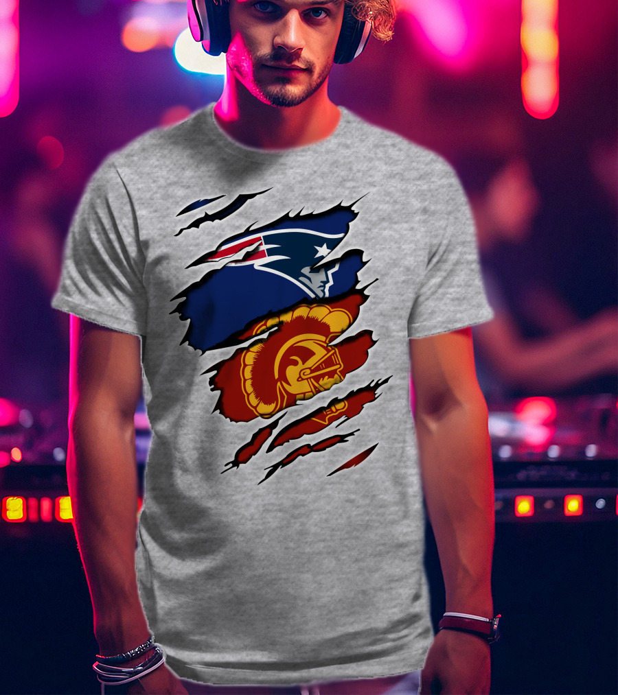 Patriots Trojans Ripped Dual Logo Fusion T-Shirt