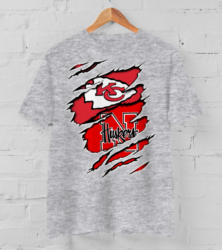 Chiefs Huskers Kansas City Nebraska Iconic Red White Torn T-Shirt