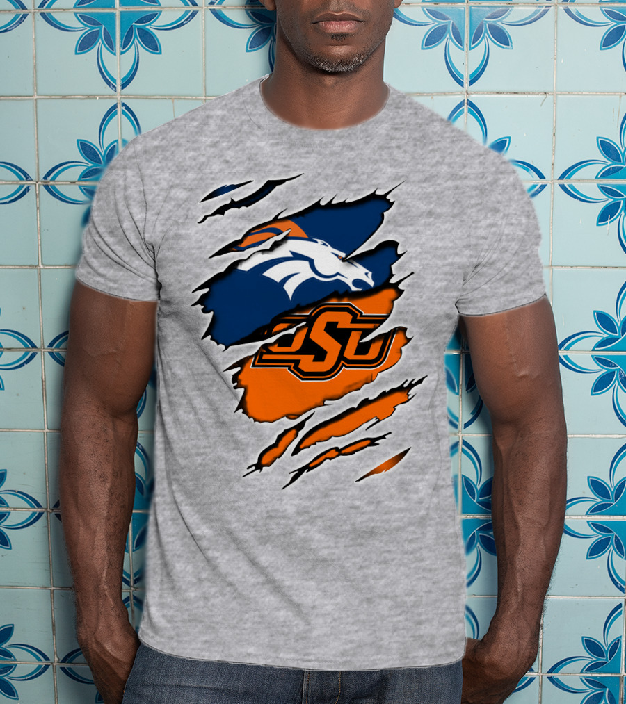 Broncos OSU Torn Ripped Graphics T-Shirt
