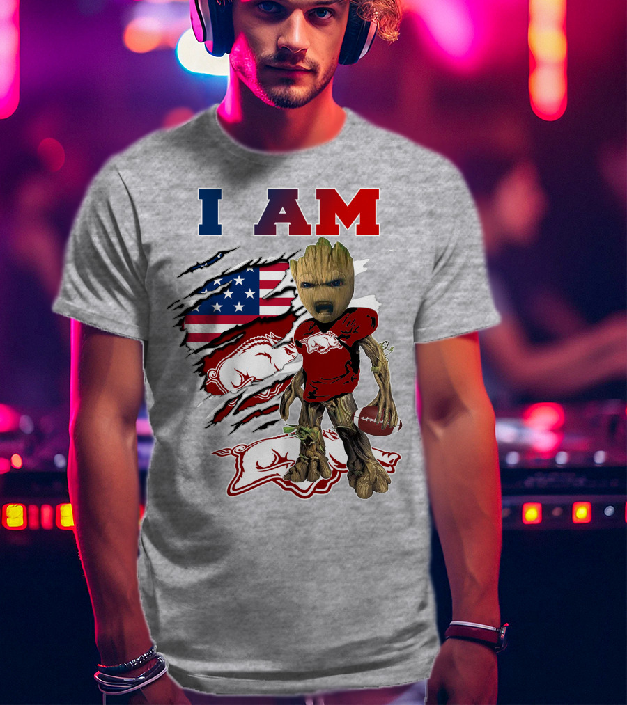 I Am Groot Arkansas Razorbacks Football American Flag T-Shirt