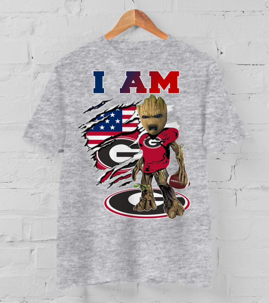 I Am Groot Holding Football Georgia Bulldogs Usa Flag T-Shirt