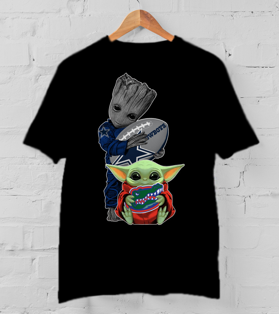 Groot Holding Cowboys Football With Baby Yoda Wearing Gators Hoodie T-Shirt