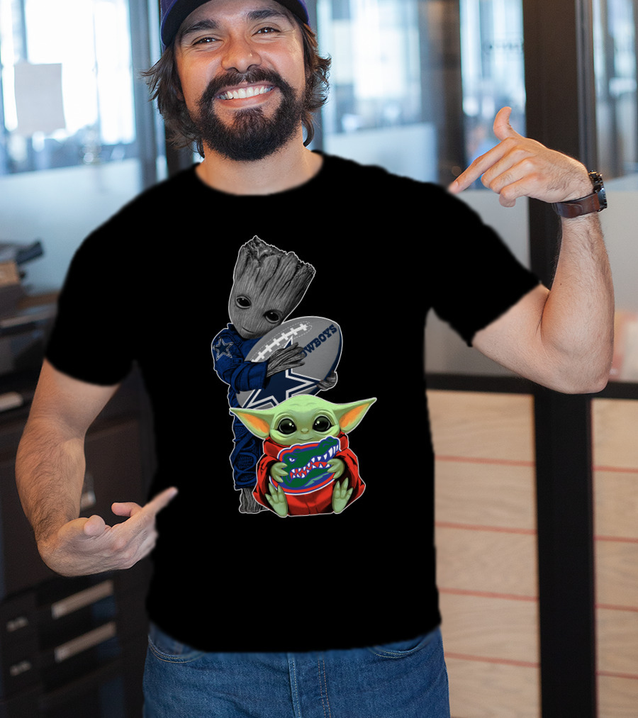 Groot Holding Cowboys Football With Baby Yoda Wearing Gators Hoodie T-Shirt
