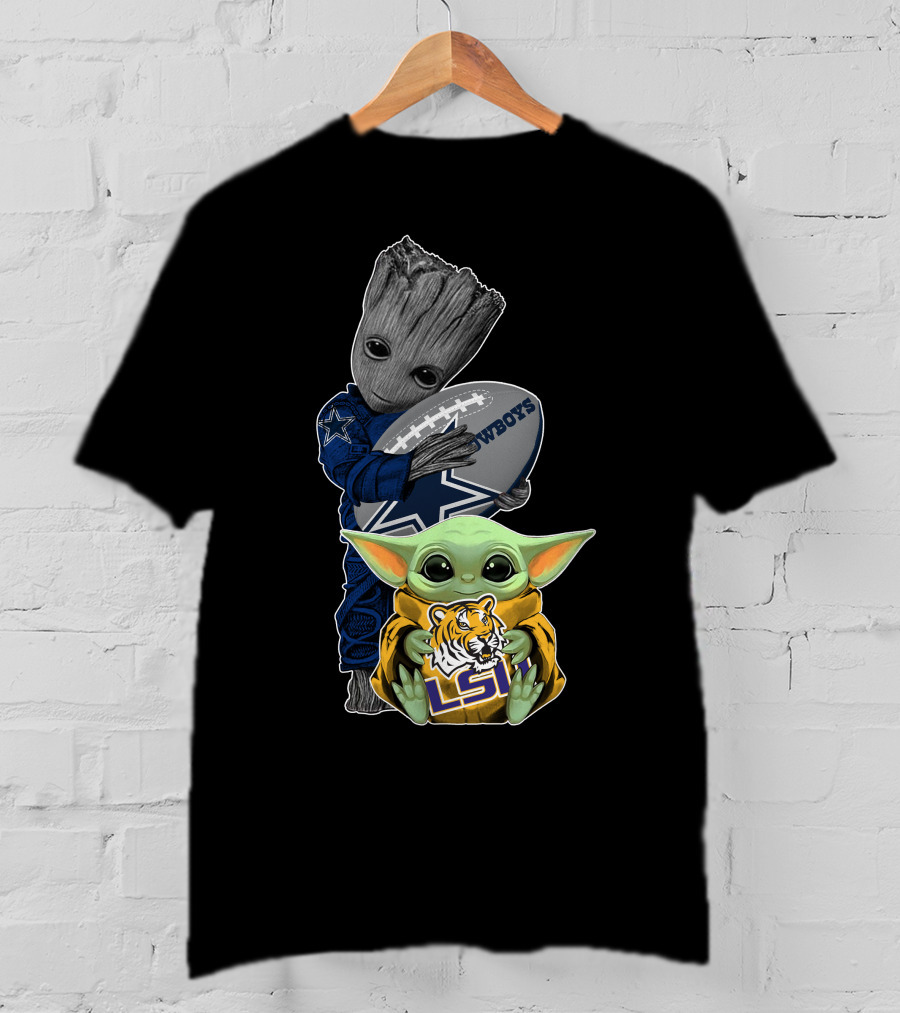 Cowboys Football Groot And Lsu Yoda With Football And Tiger T-Shirt