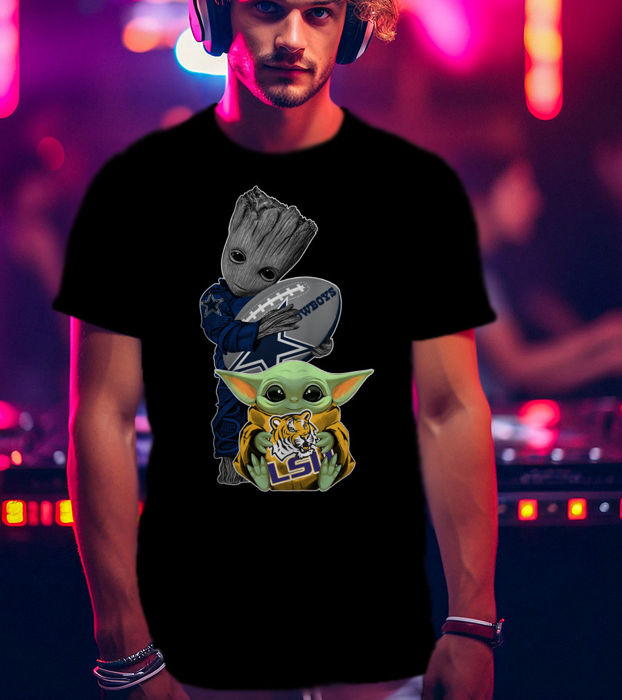 Cowboys Football Groot And Lsu Yoda With Football And Tiger T-Shirt