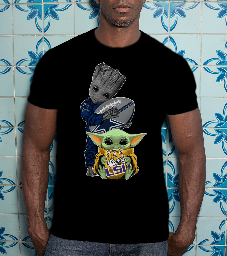 Cowboys Football Groot And Lsu Yoda With Football And Tiger T-Shirt