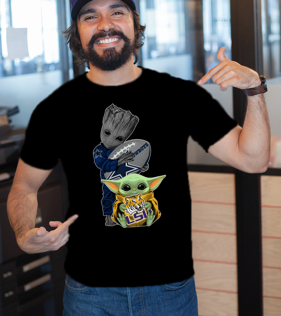 Cowboys Football Groot And Lsu Yoda With Football And Tiger T-Shirt