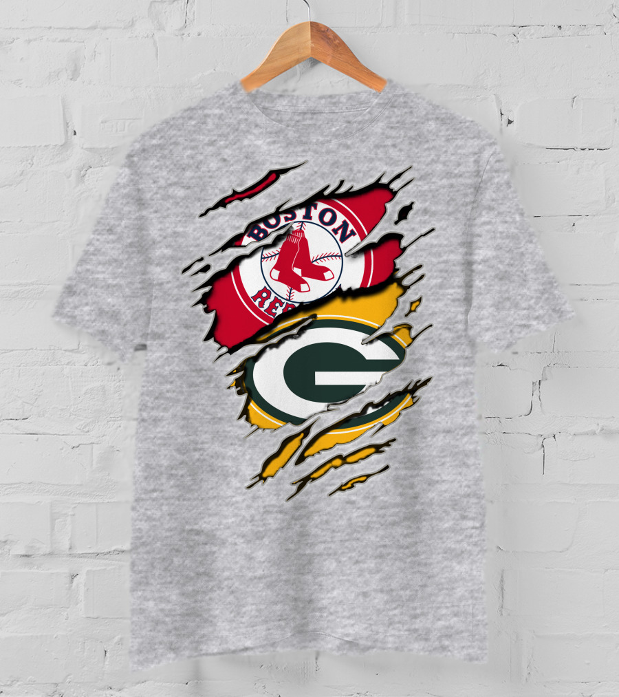 Boston Red Sox And Green Bay Packers Logo Torn T-Shirt