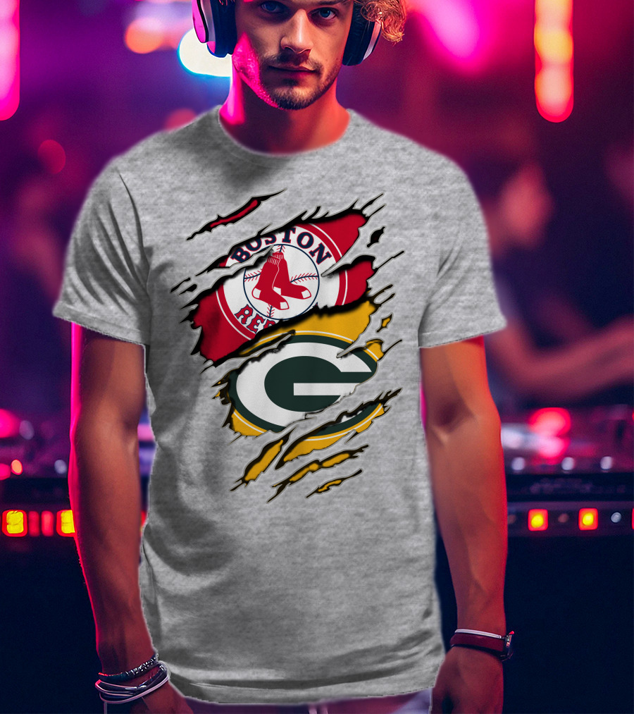 Boston Red Sox And Green Bay Packers Logo Torn T-Shirt