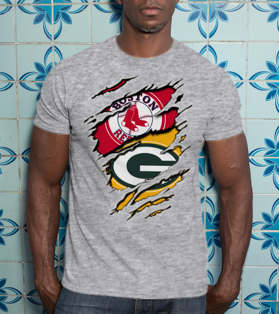 Boston Red Sox And Green Bay Packers Logo Torn T-Shirt