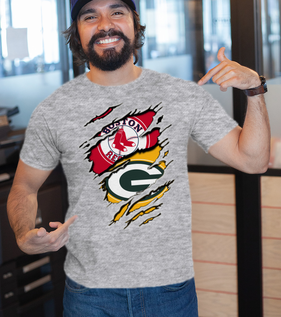 Boston Red Sox And Green Bay Packers Logo Torn T-Shirt
