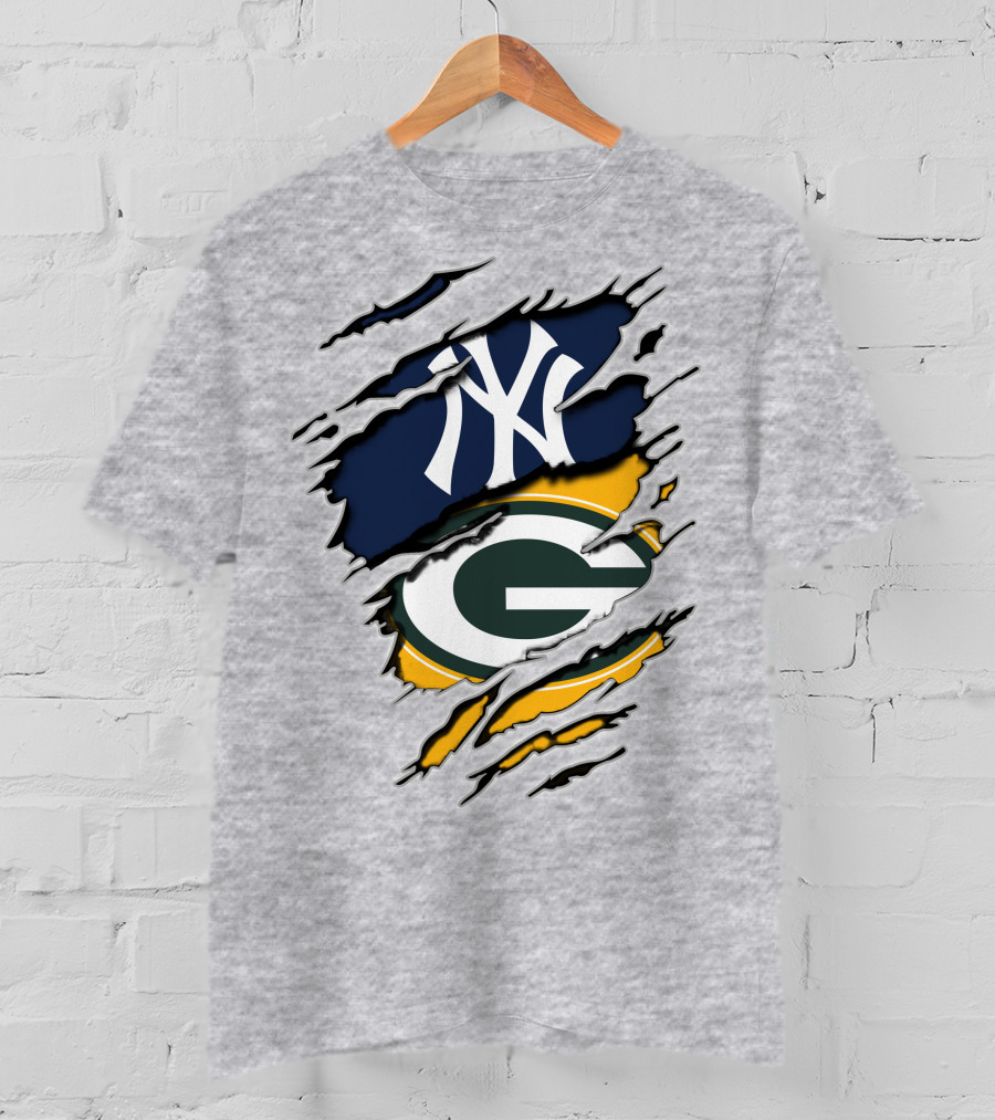 Packers Yankees Dual Logo Fusion With Ripped Effect T-Shirt