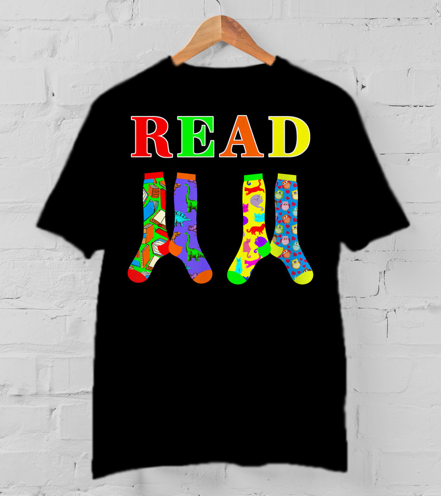 READ Colorful Dinosaur And Owl Books Wacky Socks For Wacky Sock Day T-Shirt
