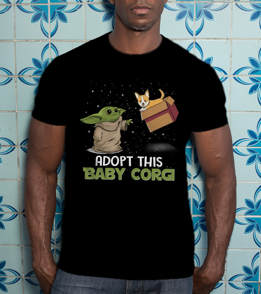 Adopt This Baby Corgi Starry Scene With Green-Eared Figure T-Shirt