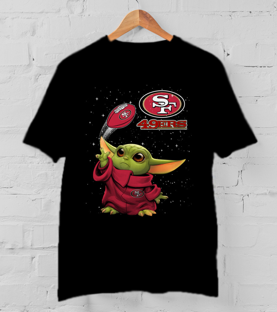 Baby Yoda Throwing San Francisco 49ers Football With SF Logo And Stars T-Shirt