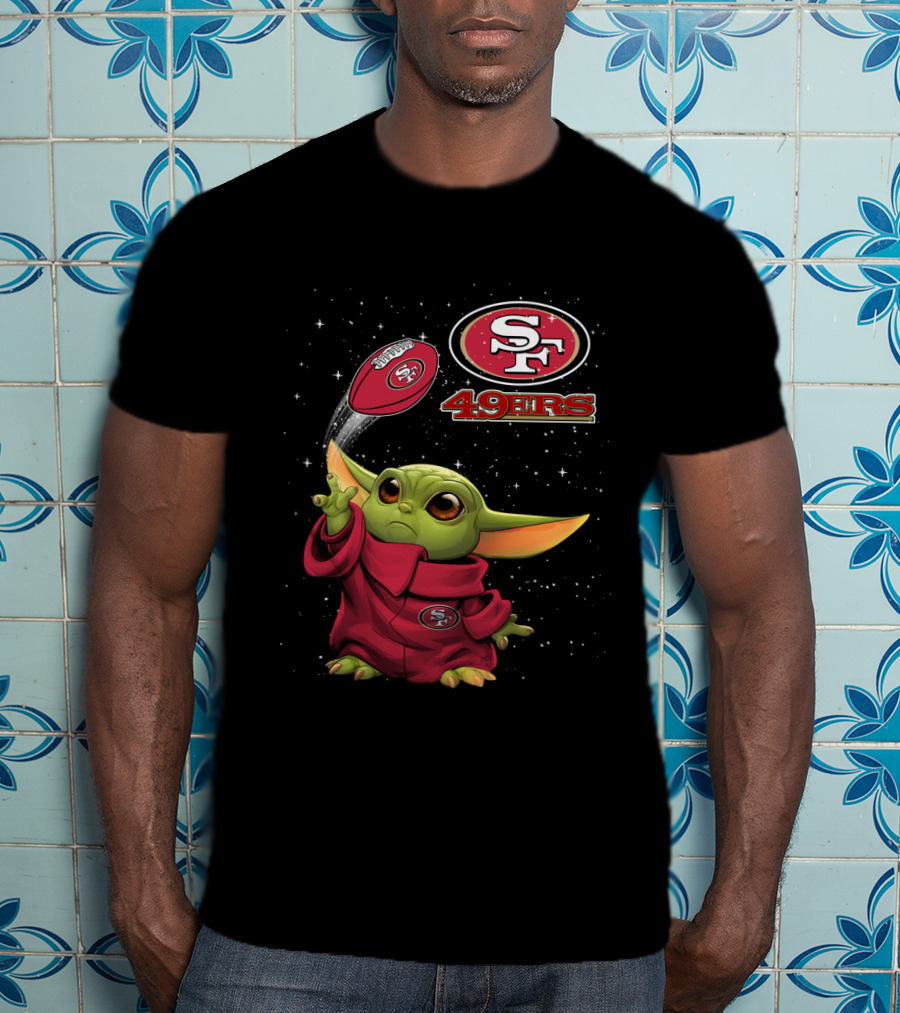 Baby Yoda Throwing San Francisco 49ers Football With SF Logo And Stars T-Shirt