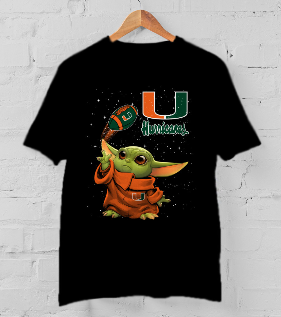 Baby Yoda Miami Hurricanes U Logo Football Starry Background T-Shirt