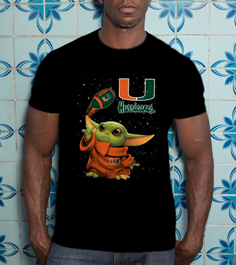 Baby Yoda Miami Hurricanes U Logo Football Starry Background T-Shirt