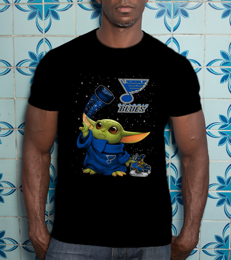 St Louis Blues Baby Yoda Holding Hockey Puck With Logo And Skates T-Shirt