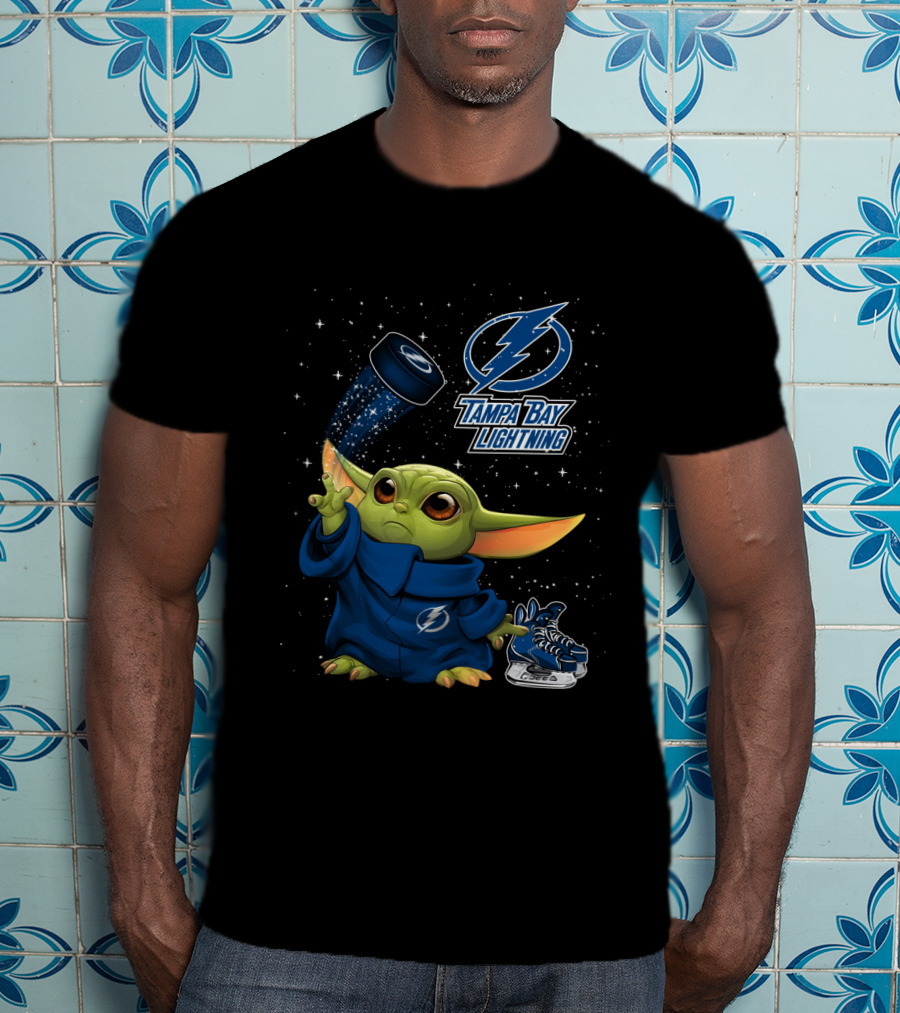 Baby Yoda Tampa Bay Lightning Hockey Fan Art Grogu Jedi Force Skating Puck T-Shirt