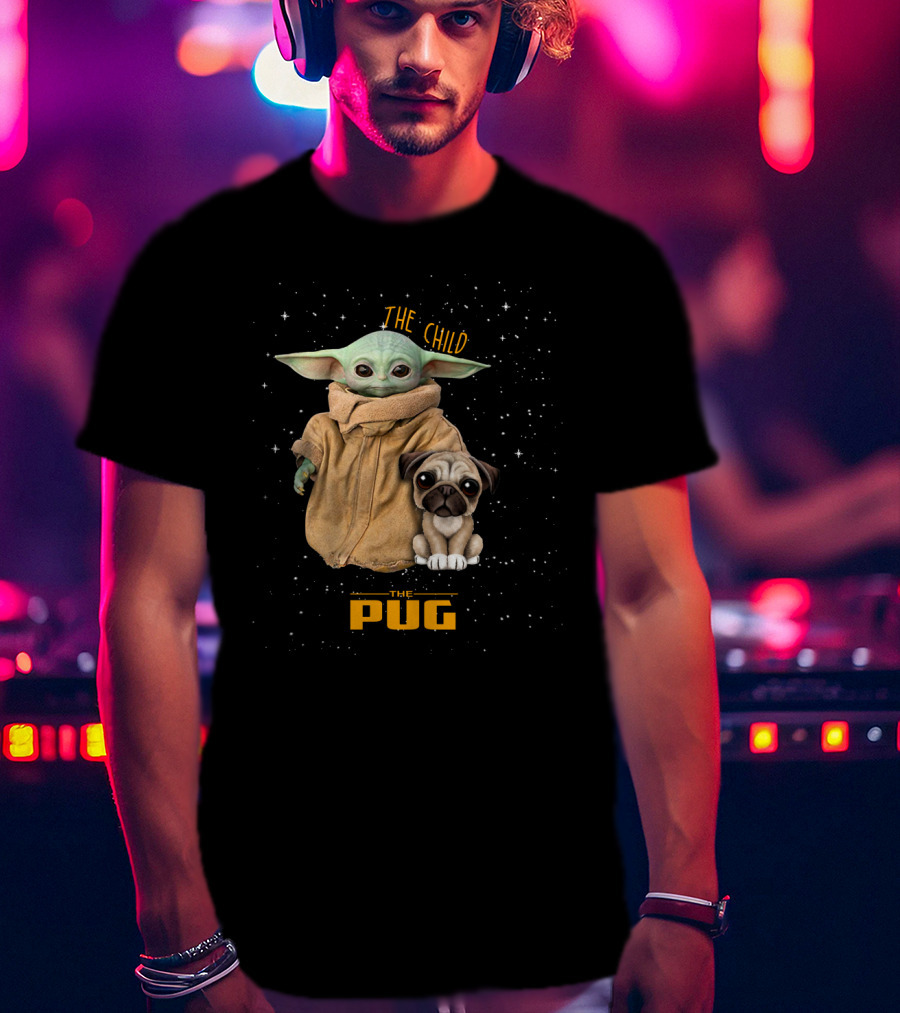 The Child Baby Yoda And Pug In Starry Space Scene T-Shirt