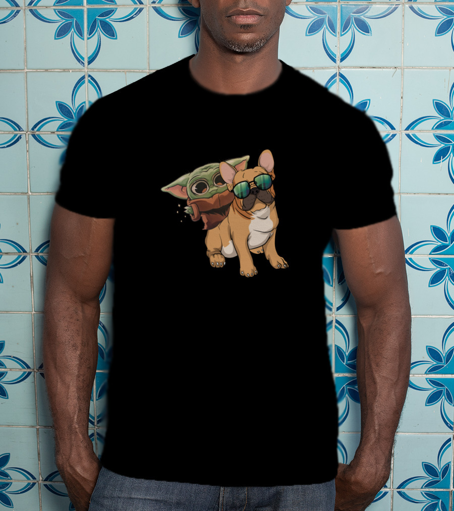 Bulldog Riding With Baby Alien In Sunglasses T-Shirt