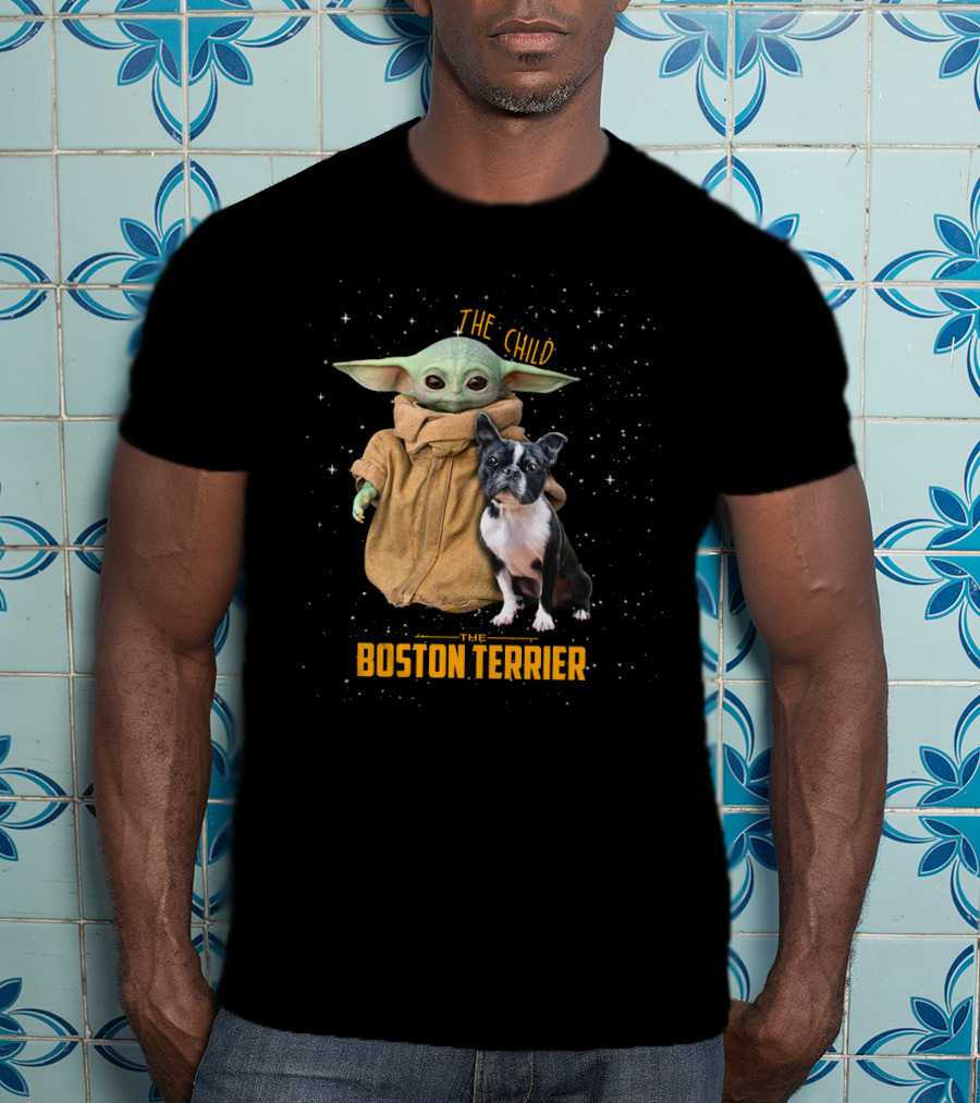 The Child Baby Yoda And Boston Terrier Duo In Space T-Shirt