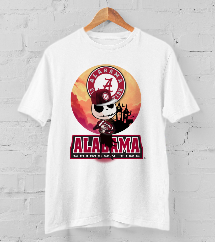 Alabama Crimson Tide Skeleton Character Holding Football In Front Of Haunted House T-Shirt