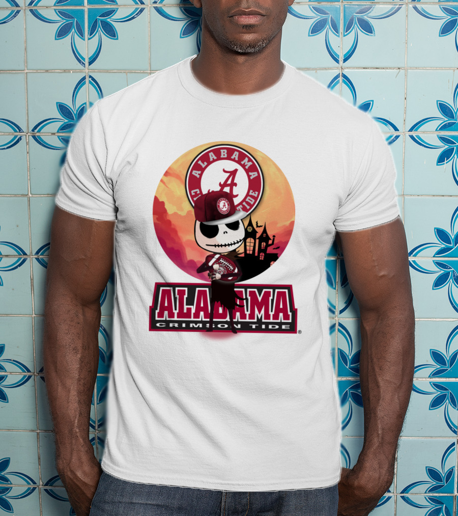 Alabama Crimson Tide Skeleton Character Holding Football In Front Of Haunted House T-Shirt
