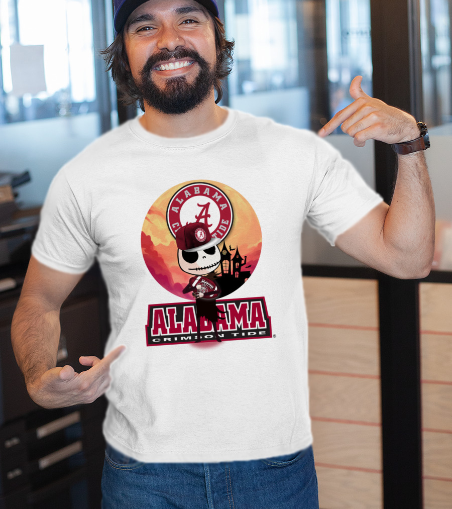 Alabama Crimson Tide Skeleton Character Holding Football In Front Of Haunted House T-Shirt