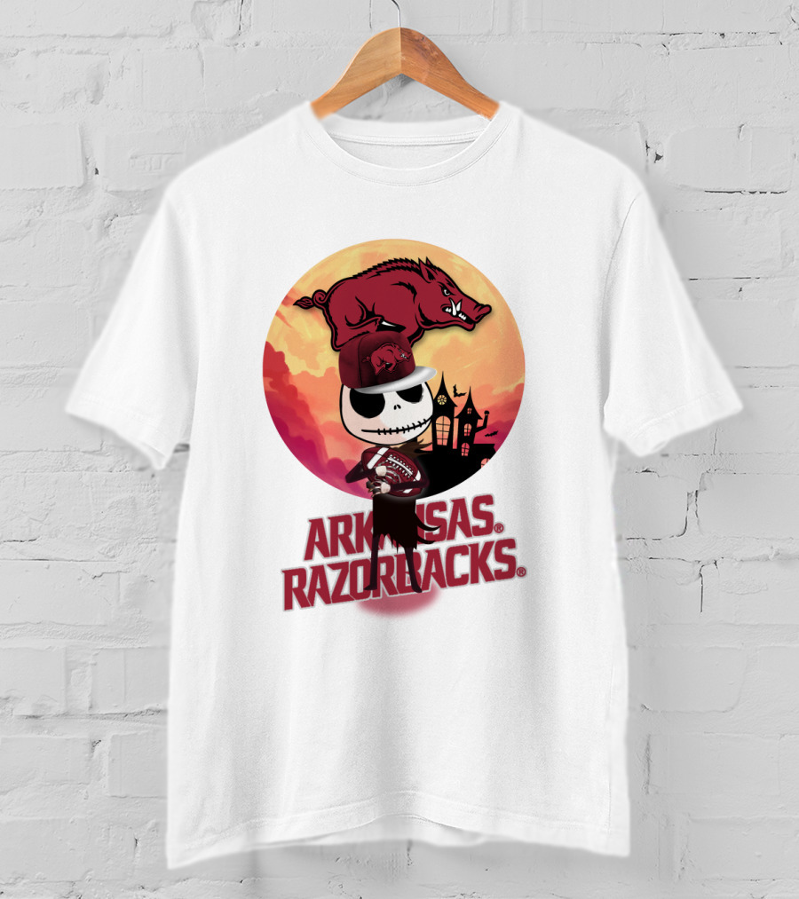 Arkansas Razorbacks Halloween Skull Character With Cap And Football T-Shirt