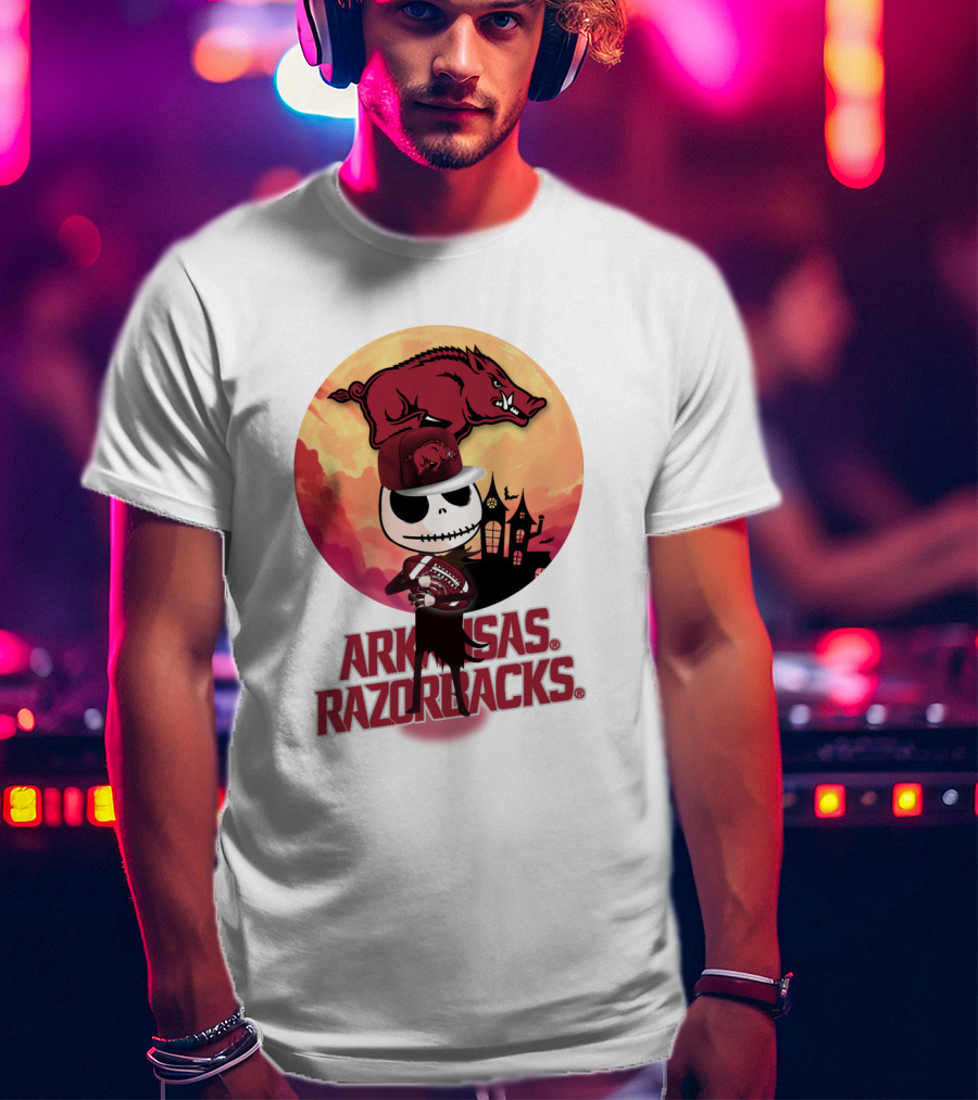 Arkansas Razorbacks Halloween Skull Character With Cap And Football T-Shirt