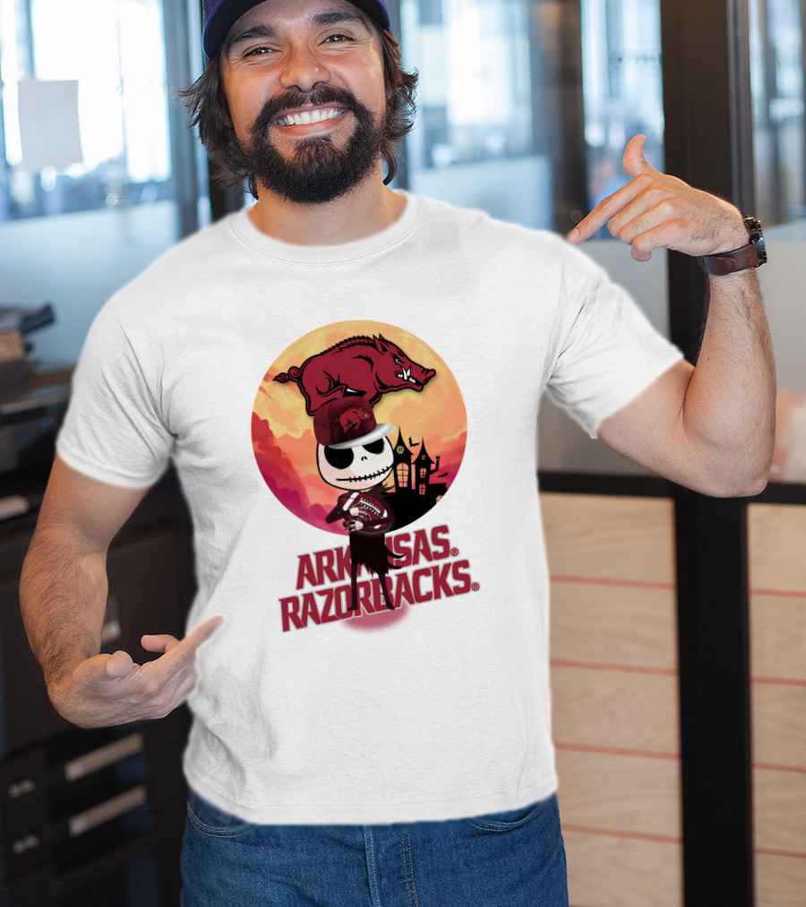 Arkansas Razorbacks Halloween Skull Character With Cap And Football T-Shirt
