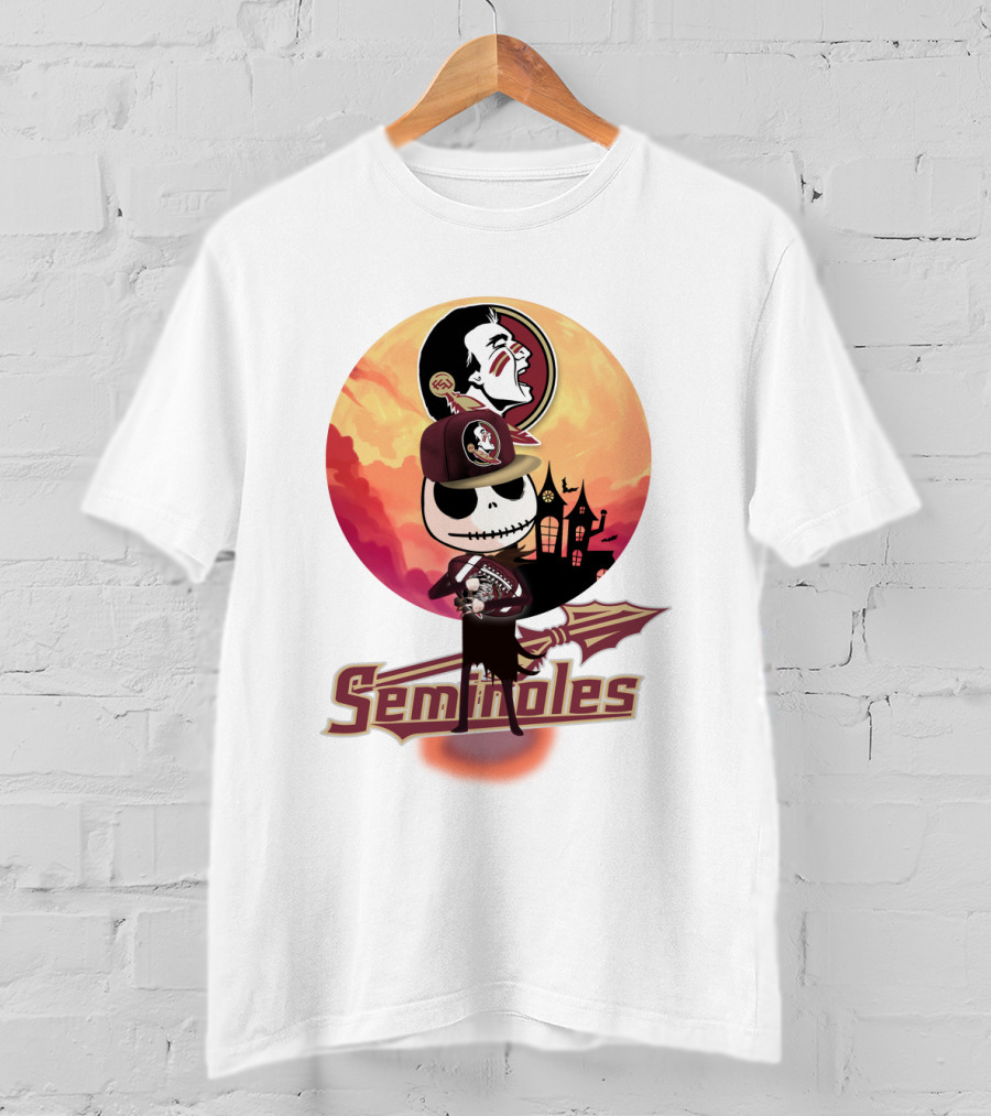 Seminoles Skeleton Character With Florida State Logo And Haunted House Scene T-Shirt