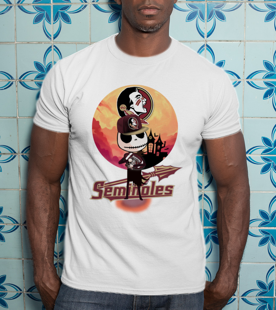 Seminoles Skeleton Character With Florida State Logo And Haunted House Scene T-Shirt