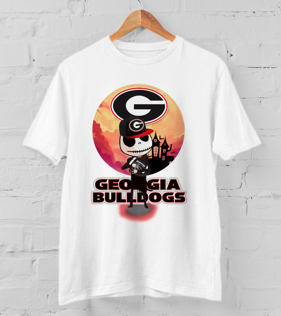 Georgia Bulldogs Skull And Football Scene With Gothic Castle T-Shirt