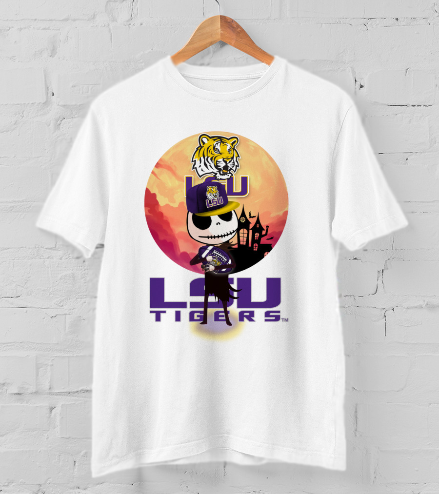 Lsu Tigers Halloween Skeleton In Hat With Tiger And Haunted House T-Shirt