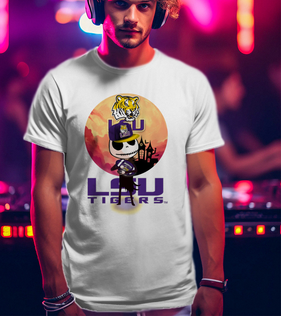 Lsu Tigers Halloween Skeleton In Hat With Tiger And Haunted House T-Shirt