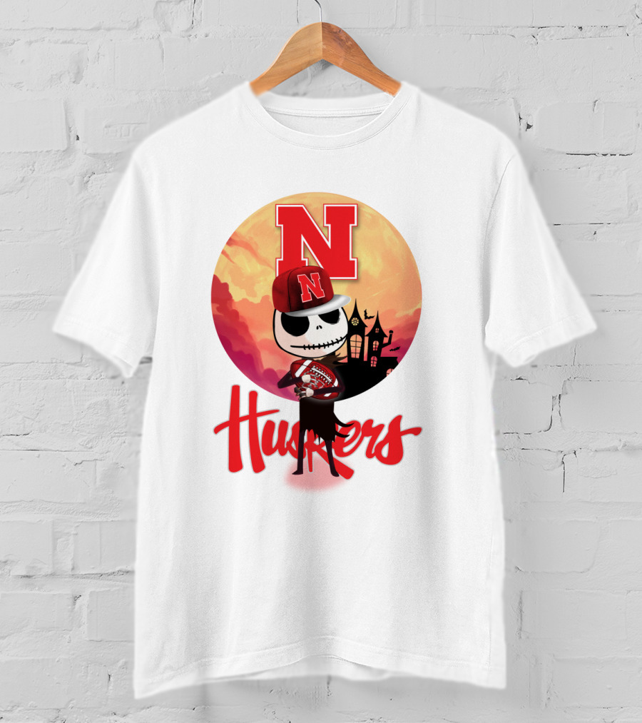 Nebraska Huskers Skeleton Character Halloween Football Scene T-Shirt