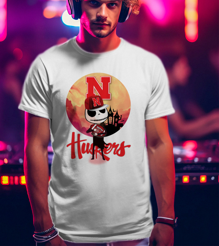 Nebraska Huskers Skeleton Character Halloween Football Scene T-Shirt