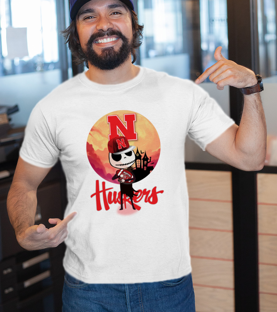 Nebraska Huskers Skeleton Character Halloween Football Scene T-Shirt