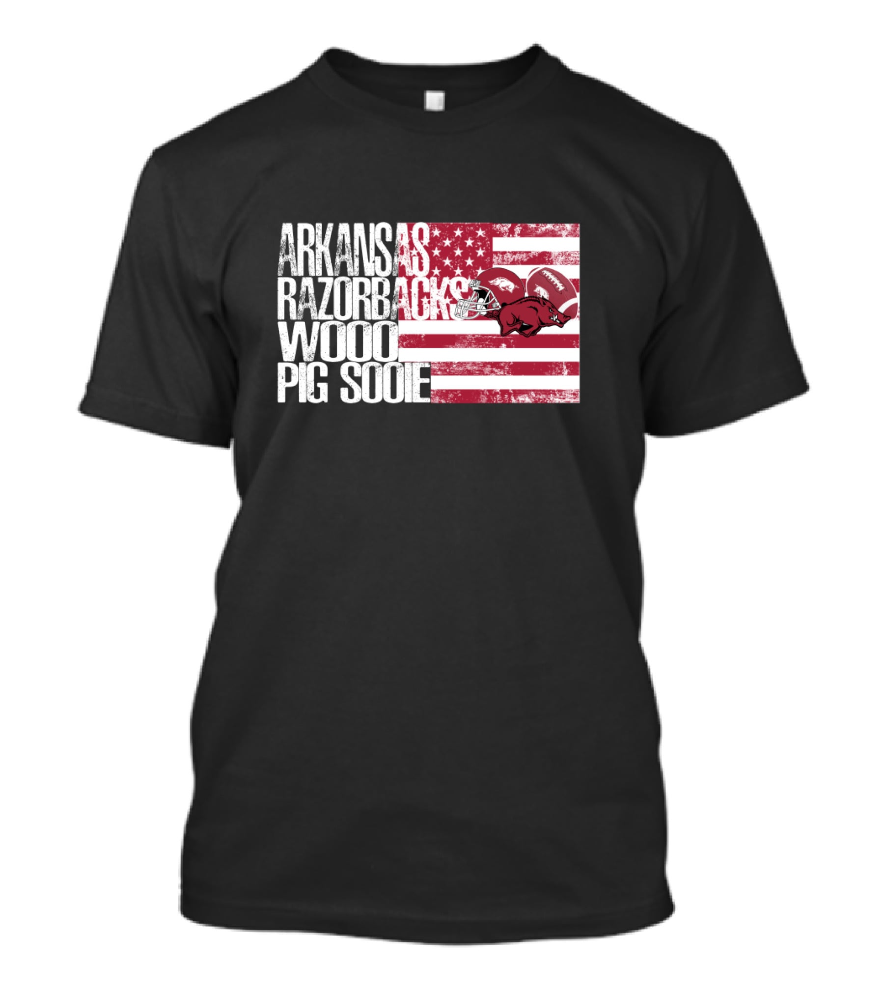 Arkansas Razorbacks Woo Pig Sooie Usa Flag Football Helmets Red White Stripes T-Shirt