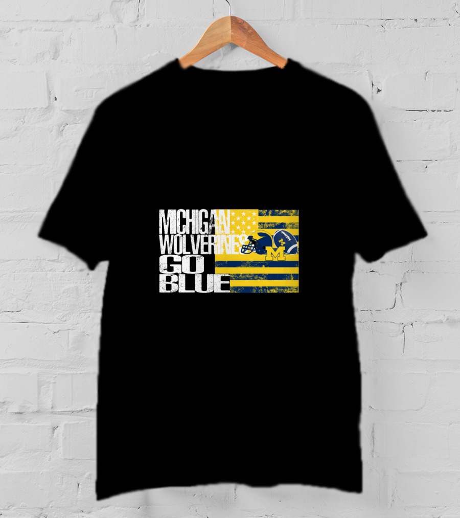 Michigan Wolverines Go Blue Football Helmet And Flag T-Shirt