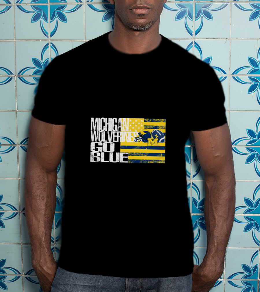 Michigan Wolverines Go Blue Football Helmet And Flag T-Shirt