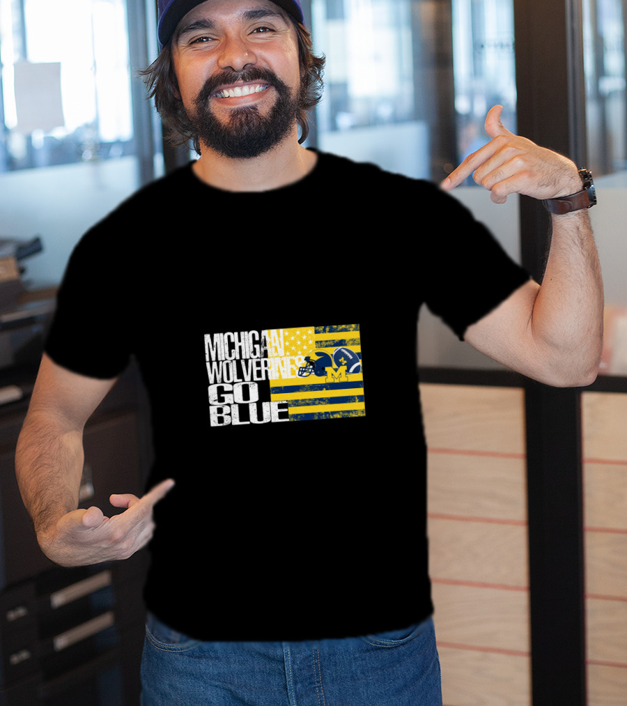 Michigan Wolverines Go Blue Football Helmet And Flag T-Shirt