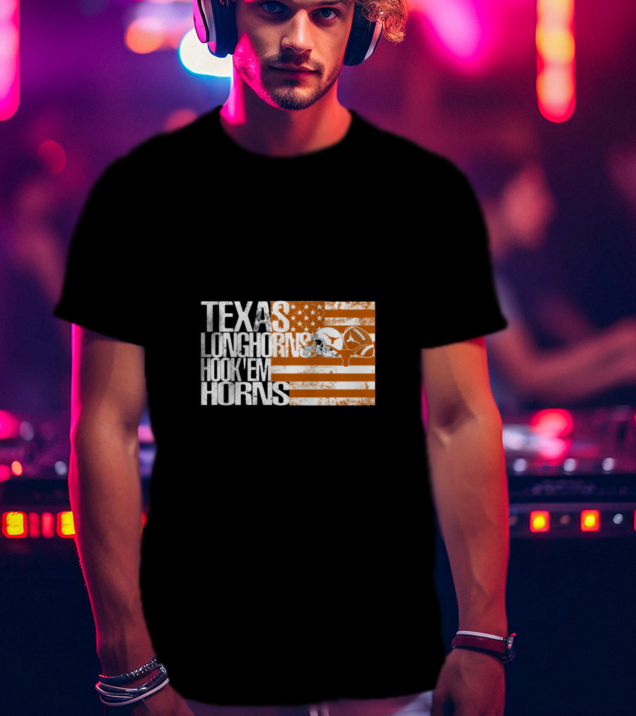 Texas Longhorns Hook 'Em Horns American Flag Football Helmet T-Shirt