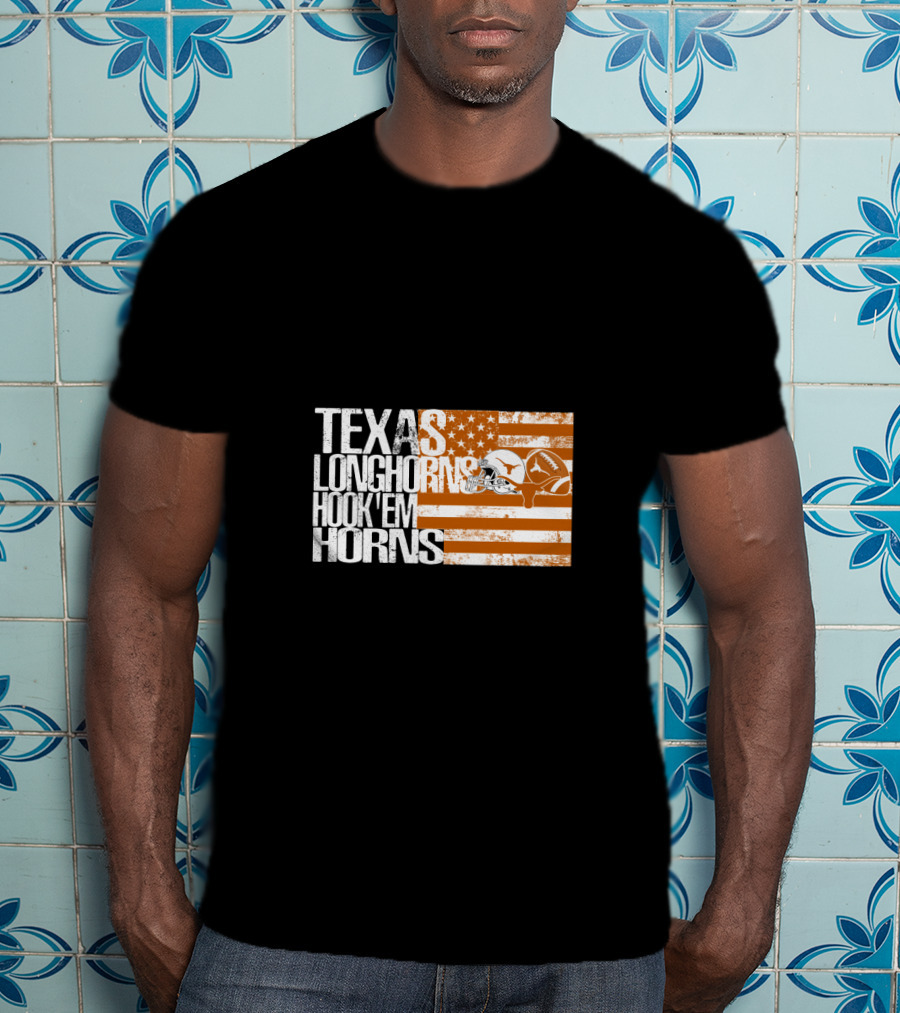 Texas Longhorns Hook 'Em Horns American Flag Football Helmet T-Shirt