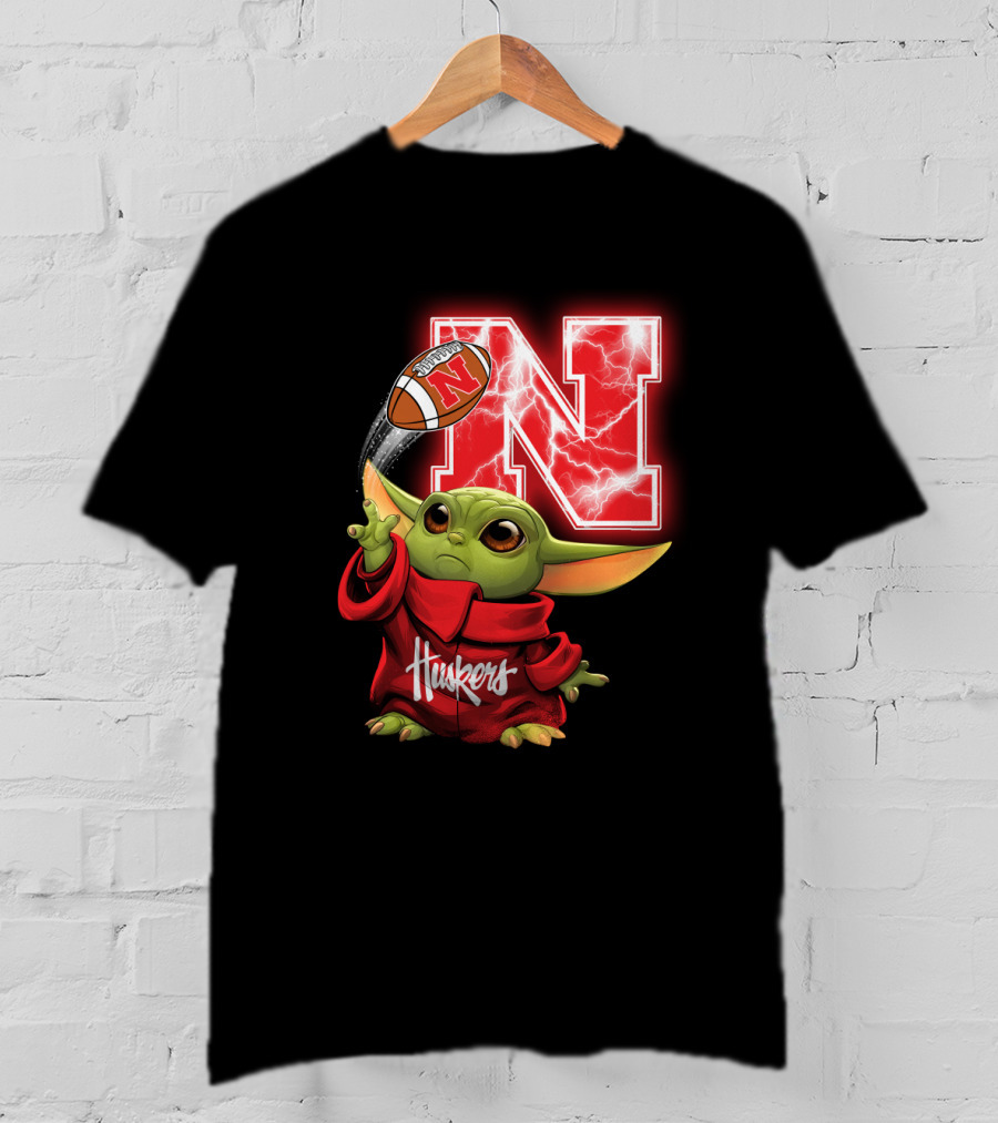 Huskers Baby Yoda Football Nebraska N T-Shirt