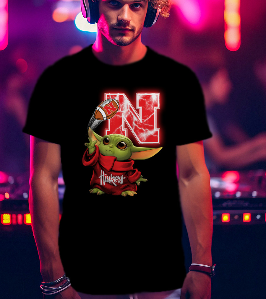Huskers Baby Yoda Football Nebraska N T-Shirt